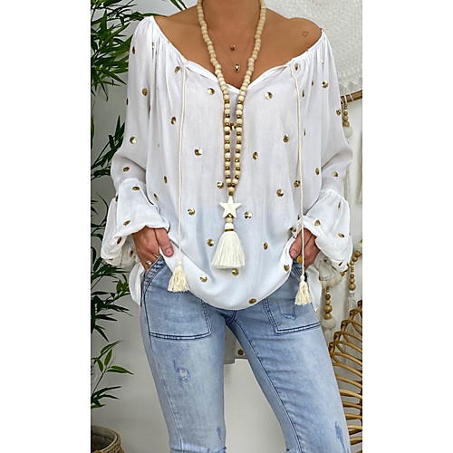 

Women's Plus Size Blouse Shirt Polka Dot Sexy Long Sleeve Drawstring V Neck Tops Oversized Basic Basic Top White Black