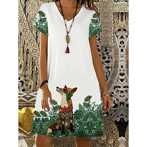 

Women's Shift Dress Knee Length Dress White Short Sleeve Animal Print Summer V Neck Hot Casual 2021 S M L XL XXL 3XL