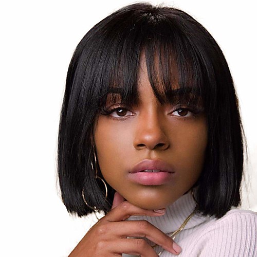 

Remy Human Hair Wig Short Natural Straight Bob Natural Black Party New Arrival Cool Capless Women's Natural Black 10 inch