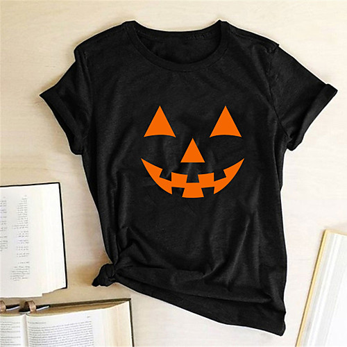 

Women's Halloween T-shirt Abstract Pumpkin Print Round Neck Tops Basic Halloween Basic Top White Black Red