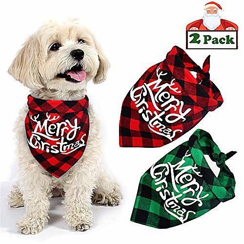 

dog christmas bandana, buffalo plaid pet bandana reversible triangle merry christmas bibs accessories for dogs cats pets (merry christmas (red green))