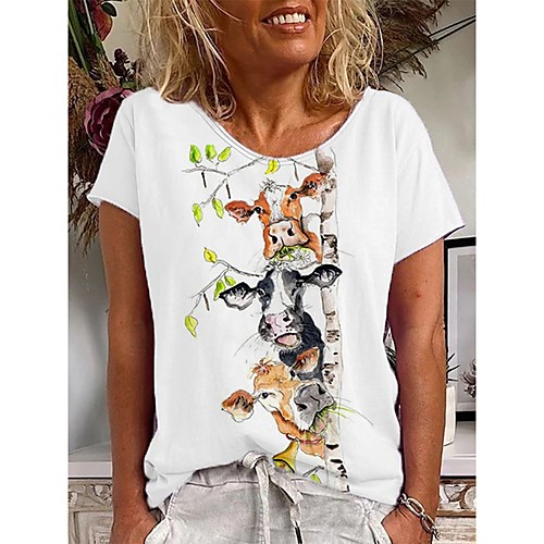 

Women's T-shirt Leaf Cattle Print Round Neck Tops Basic Basic Top White Yellow Blushing Pink