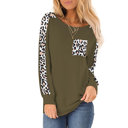 

Women's Blouse Shirt Leopard Cheetah Print Long Sleeve Patchwork Print Round Neck Tops Basic Basic Top Black Blue Army Green