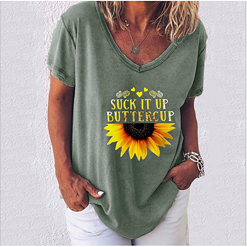 

Women's T-shirt Floral Letter Flower V Neck Tops Basic Top White Black Blue / Sunflower