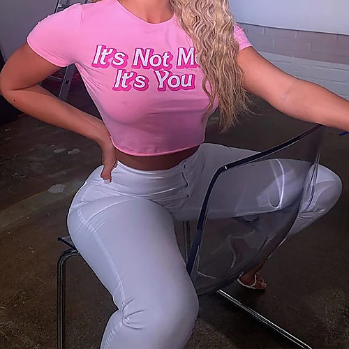 

Women's Crop Tshirt Letter Round Neck Tops Slim Basic Basic Top Blushing Pink