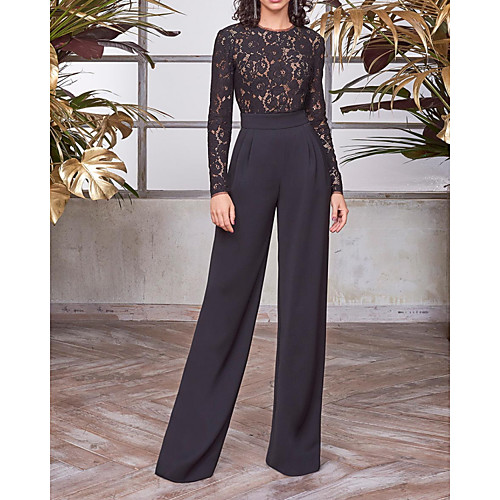 

Jumpsuits Elegant Vintage Party Wear Formal Evening Dress Jewel Neck Long Sleeve Floor Length Chiffon with Lace Insert 2021