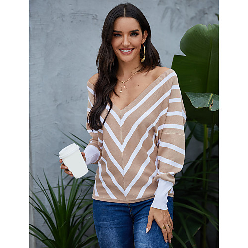 

Women's Striped Pullover Long Sleeve Loose Sweater Cardigans Off Shoulder Fall Winter Khaki