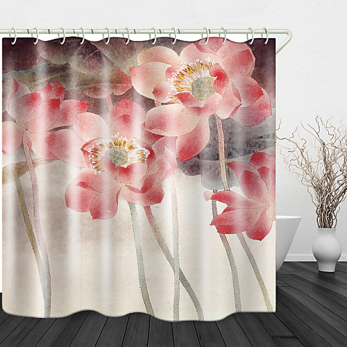 

Painting Red Lotus Digital Print Waterproof Fabric Shower Curtain For Bathroom Home Decor Covered Bathtub Curtains Liner Includes With Hooks