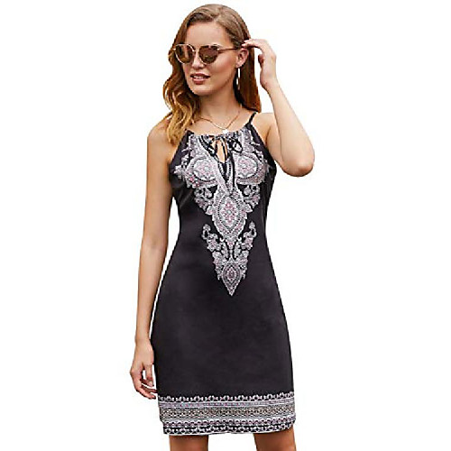 

women casual print sleeveless halter high neck boho dress medium black