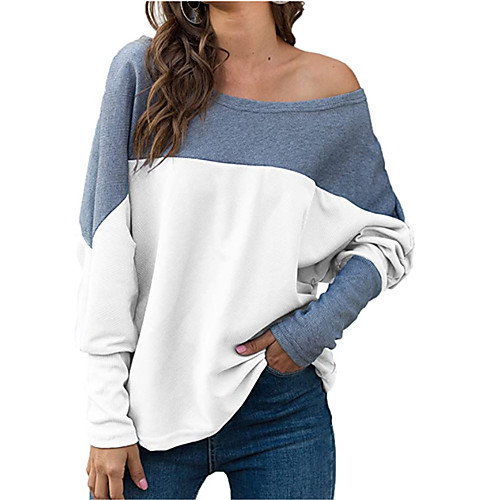 

Women's Sweatshirt Pullover White Blue Oversized Patchwork One Shoulder Color Block Sport Athleisure Sweatshirt Top Long Sleeve Warm Soft Comfortable Everyday Use Causal Exercising General Use