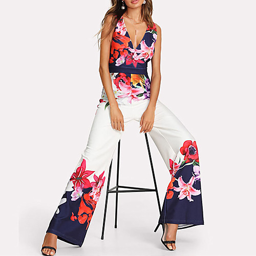 

Women's Elegant Daily Deep V Floral White Jumpsuit Floral / Wide Leg