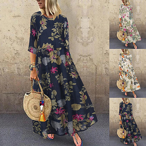 

Women's A-Line Dress Midi Dress - Short Sleeve Floral Print Summer Plus Size Casual Loose 2020 Red Yellow Navy Blue M L XL XXL XXXL XXXXL XXXXXL / Cotton