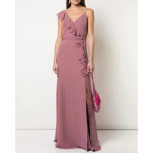 

A-Line V Neck Floor Length Chiffon Bridesmaid Dress with Sash / Ribbon / Ruffles / Split Front