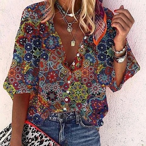 

Women's Blouse Shirt Graphic Prints Long Sleeve Button Print V Neck Tops Loose Basic Boho Basic Top Blue