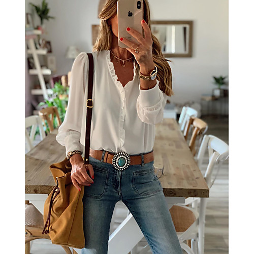 

Women's Blouse Shirt Solid Colored Long Sleeve Ruffle V Neck Tops Casual Basic Top White
