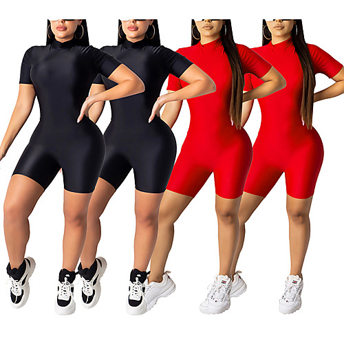 

Women's Workout Jumpsuit Zipper Fashion Black Red Ice Silk Yoga Fitness Gym Workout Bodysuit Short Sleeve Sport Activewear Tummy Control Butt Lift Breathable Quick Dry Stretchy