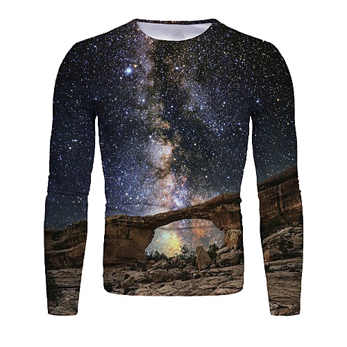 

Men's T shirt Galaxy Graphic Long Sleeve Daily Tops Basic Elegant Black