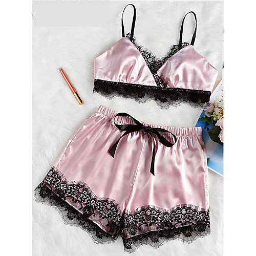 

Women's Lace Bow Suits Nightwear Patchwork Embroidered Wine / Black / Blushing Pink S M L