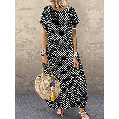 

Women's Shift Dress Maxi long Dress White Black Navy Blue Short Sleeve Polka Dot Print Summer Round Neck Hot Casual 2021 S M L XL XXL 3XL 4XL 5XL