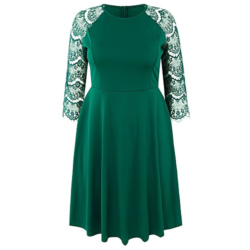 

A-Line Elegant Vintage Holiday Party Wear Dress Jewel Neck Long Sleeve Tea Length Spandex with Lace Insert 2021
