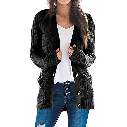 

Women's Solid Colored Cardigan Long Sleeve Loose Sweater Cardigans V Neck Fall Winter Black Blue Green