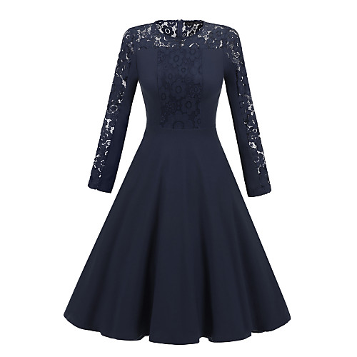 

Women's A Line Dress Knee Length Dress Black Navy Blue Long Sleeve Solid Color Lace Patchwork Fall Round Neck Sexy 2021 S M L XL XXL