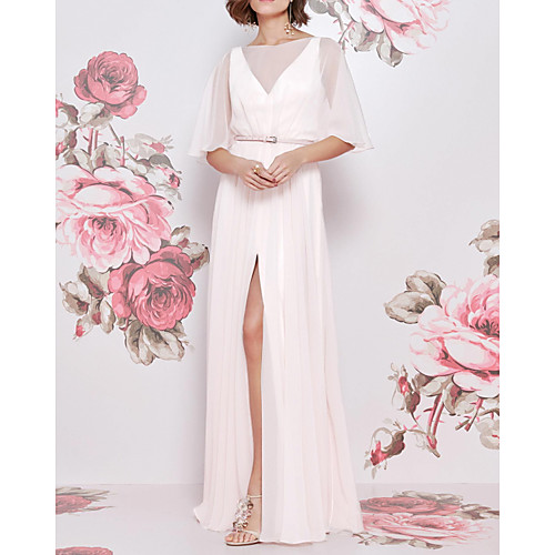 

A-Line Empire Sexy Engagement Formal Evening Dress Illusion Neck Short Sleeve Floor Length Chiffon with Sash / Ribbon Split 2021