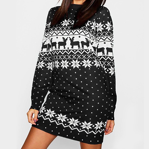 

Women's Sweater Jumper Dress Short Mini Dress - Long Sleeve Print Print Fall Winter Hot Casual Christmas 2020 Black S M L XL