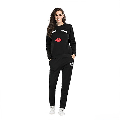 

Women's Sweatsuit 2 Piece Set Black White Artistic Style Loose Fit Crew Neck Fleece Solid Color Cute Sport Athleisure Clothing Suit Long Sleeve Warm Soft Comfortable Everyday Use Causal Exercising