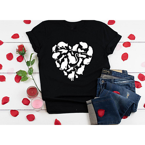 

Women's T shirt Heart Graphic Prints Print Round Neck Tops 100% Cotton Basic Basic Top Black Red Wine
