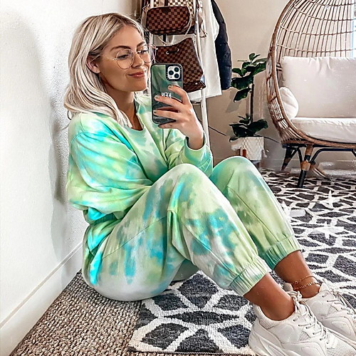 

Women's Sweatsuit 2 Piece Set Tie Dye Loose Fit V Neck Tie Dye Cute Sport Athleisure Sweatshirt and Pants Outfits Clothing Suit Long Sleeve Warm Soft Comfortable Everyday Use Causal Exercising