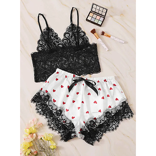 

Women's Mesh Lace Bow Suits Nightwear Patchwork Geometric Embroidered White M L XL / Strap