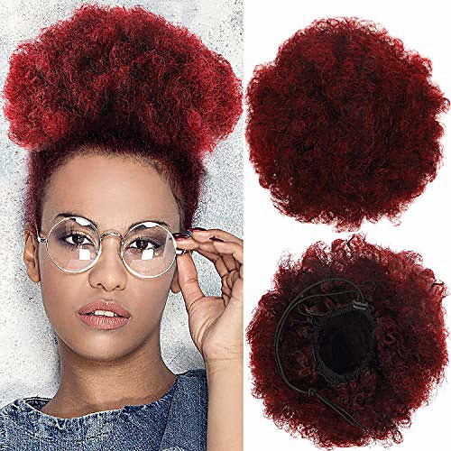 

2 pieces afro puff drawstring ponytail synthetic short curly hair afro bun extension afro chignon hairpieces wig updo hair extensions & #40;red-1btbug#& #41;