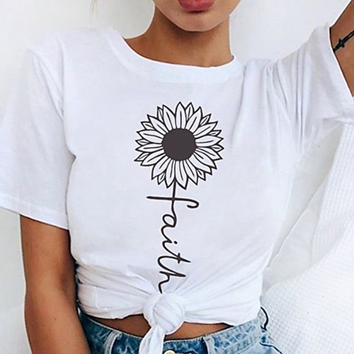 

Women's Tee / T-shirt Cartoon Crew Neck Flower Letter Printed Sport Athleisure T Shirt Top Short Sleeves Breathable Soft Comfortable Plus Size Everyday Use Exercising General Use