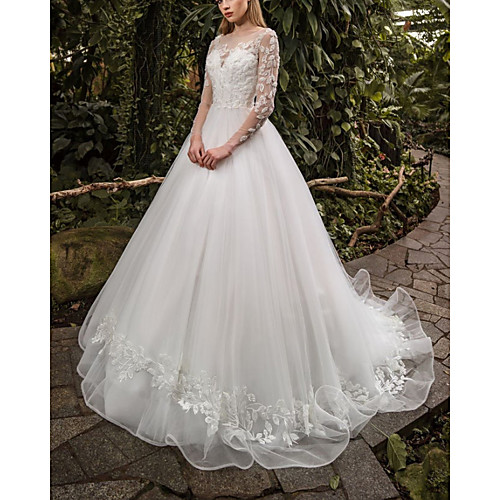 

Ball Gown Wedding Dresses Jewel Neck Sweep / Brush Train Lace Tulle 3/4 Length Sleeve Country with Appliques 2021