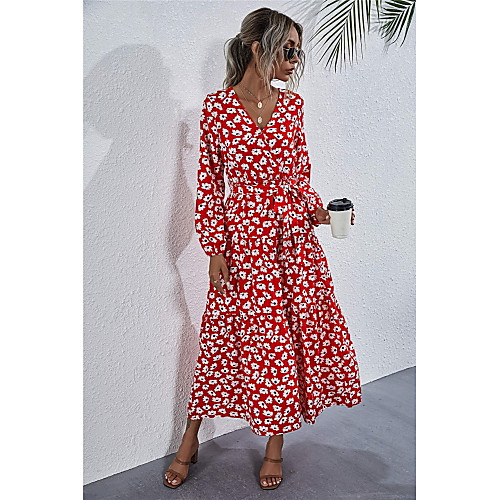 

Women's Swing Dress Maxi long Dress Red Long Sleeve Floral Patchwork Summer V Neck Hot Elegant Lantern Sleeve 2021 S M L XL