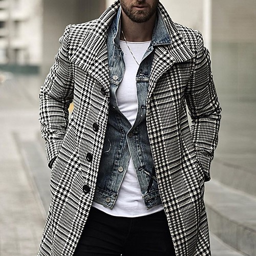 

Men's Trench Coat Overcoat Daily Spring & Fall Regular Coat Notch lapel collar Stand Collar Regular Fit Vintage Jacket Long Sleeve Houndstooth Print Green Black Red