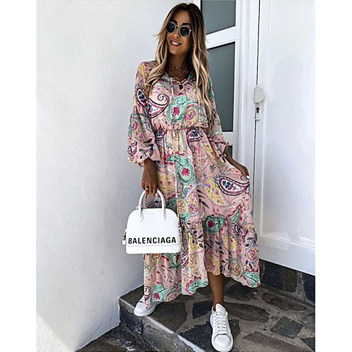 

Women's Swing Dress Midi Dress Blushing Pink Green Long Sleeve Print Patchwork Print Fall Round Neck Casual Boho 2021 S M L XL XXL 3XL