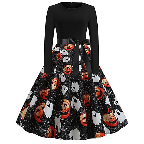 

Women's Halloween A Line Dress Knee Length Dress White Black Yellow Orange Long Sleeve Pumpkin Print Bow Print Fall Round Neck Hot Vintage 2021 S M L XL XXL
