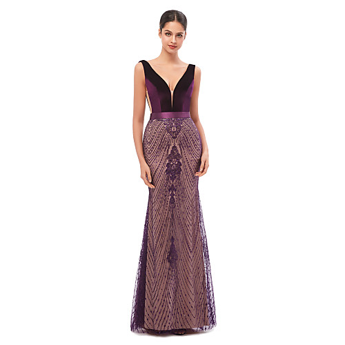 

Mermaid / Trumpet Celebrity Style Sexy Engagement Formal Evening Dress V Neck Sleeveless Floor Length Tulle Velvet with Sequin Embroidery 2021