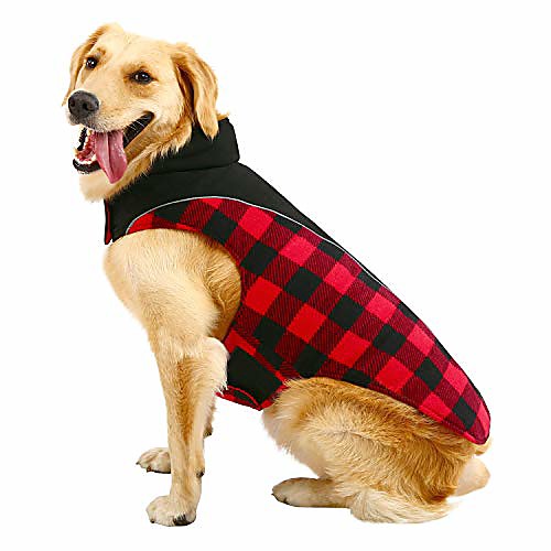 

dog plaid jacket reversible waterproof reflective coat puppy cloth for cold weather pet vest for small medium large dog red l