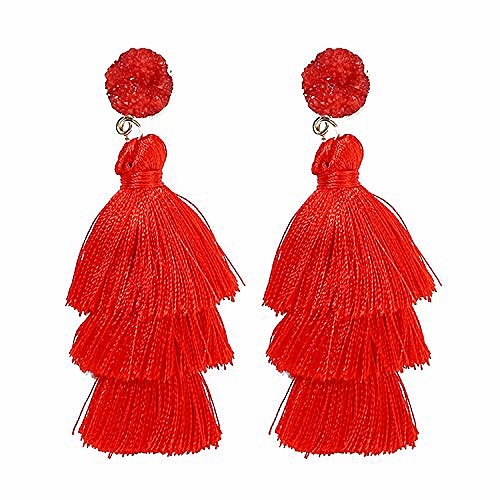 

red tassel earrings for women - colorful layered tassle bohemian style earrings