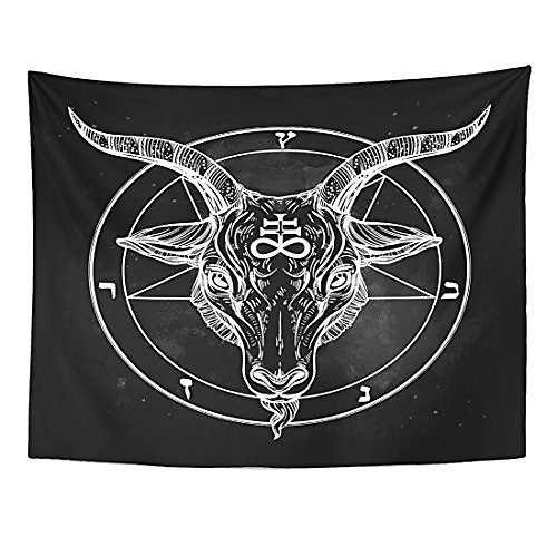 

tapestry pentagram with demon baphomet satanic goat head binary symbol tattoo retro music summer for biker black home decor wall hanging for living room bedroom dorm 60x80 inches