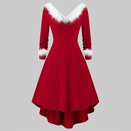 

Women's Swing Dress Midi Dress Red Long Sleeve Solid Color Patchwork Winter V Neck Elegant Cotton 2021 S M L XL XXL