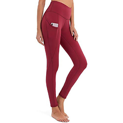 

women's high waisted yoga pants with pockets buttery soft leggings work out pants tummy control 4 way stretch wine red xxl