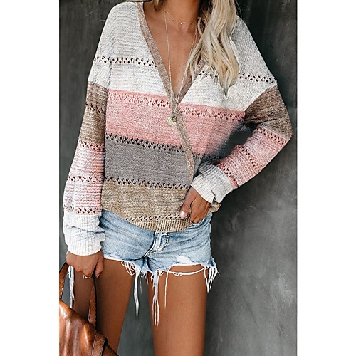 

Women's Stylish Hollow Out Knitted Color Block Pullover Long Sleeve Sweater Cardigans V Neck Fall Blushing Pink Wine Orange