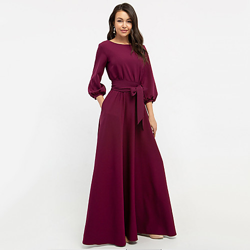 

Women's Swing Dress Maxi long Dress Wine Blushing Pink Green White Red 3/4 Length Sleeve Solid Color Lace up Patchwork Fall Winter Round Neck Hot Elegant Formal Party Lantern Sleeve 2021 S M L XL XXL