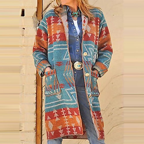 

Women's Geometric Print Basic Fall & Winter Coat Long Daily Long Sleeve Faux Leather Coat Tops Blue