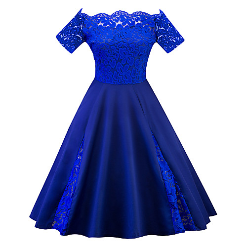 

Women's Swing Dress Knee Length Dress Black Blue Purple Wine Green Navy Blue Short Sleeve Solid Color Lace Summer Off Shoulder Casual 2021 XL XXL 3XL 4XL 5XL