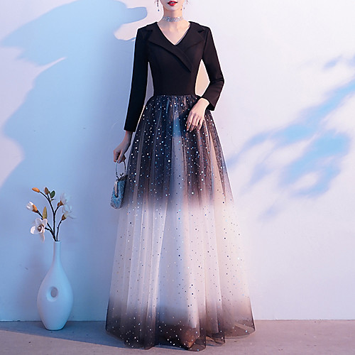 

A-Line Color Block Glittering Wedding Guest Formal Evening Dress V Neck Long Sleeve Floor Length Spandex Tulle with Sequin 2021